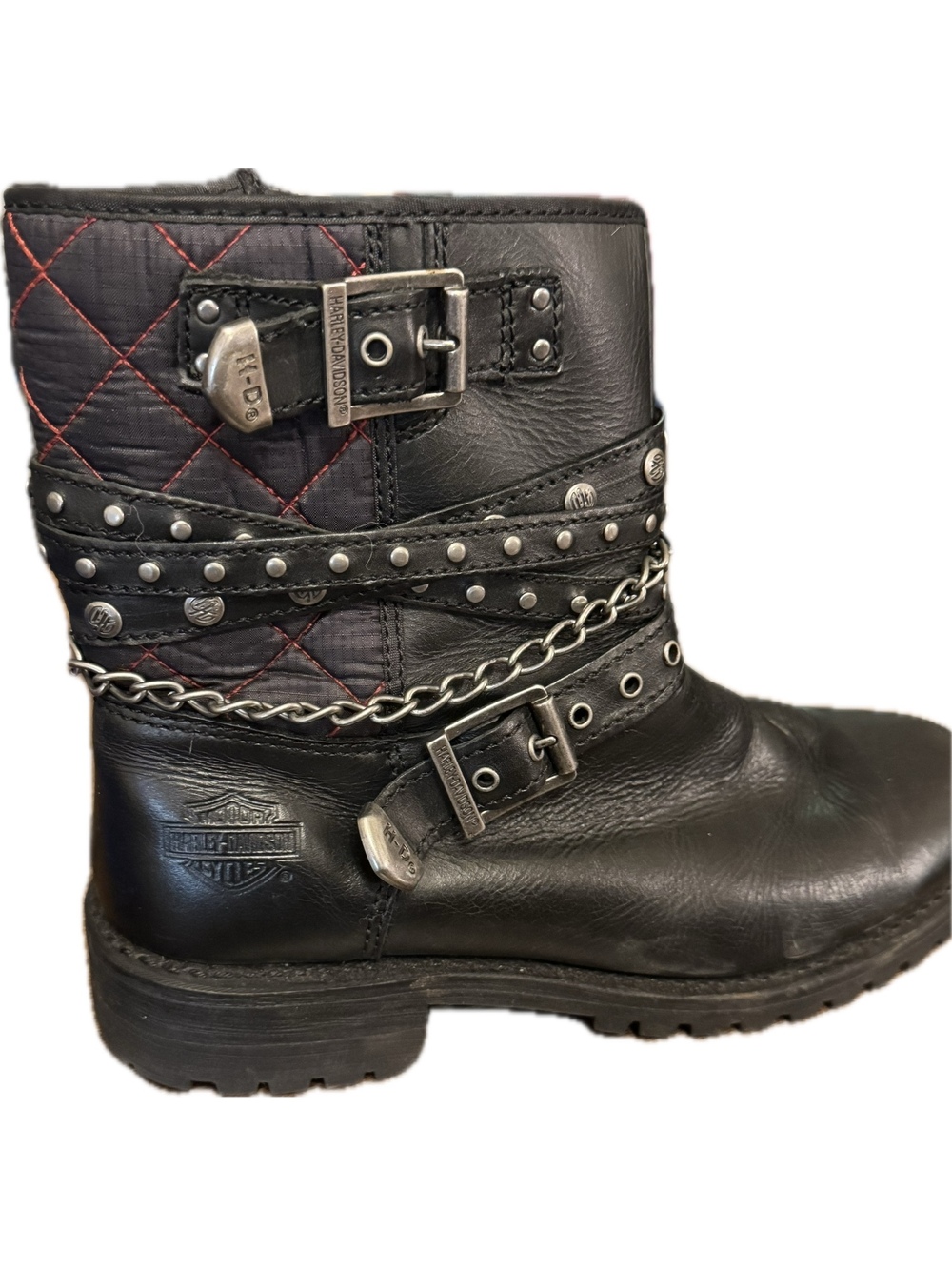 Harley-Davidson Women's Black Leather Quilted Ankle Boots with Studs and Chains